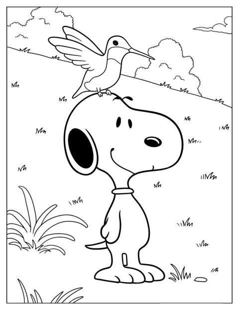Snoopy sedí a na hlavě mu přistál kolibřík.
