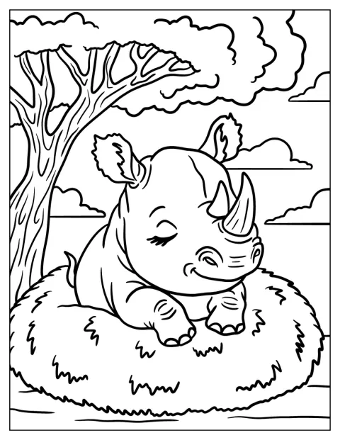 Un jeune rhinocéros s’appuie sur un buisson pour se reposer.