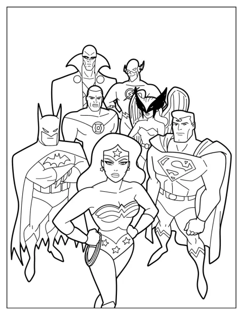 Justice Leaguen sarjakuvamaiset supersankarit poseeraavat yhdessä.