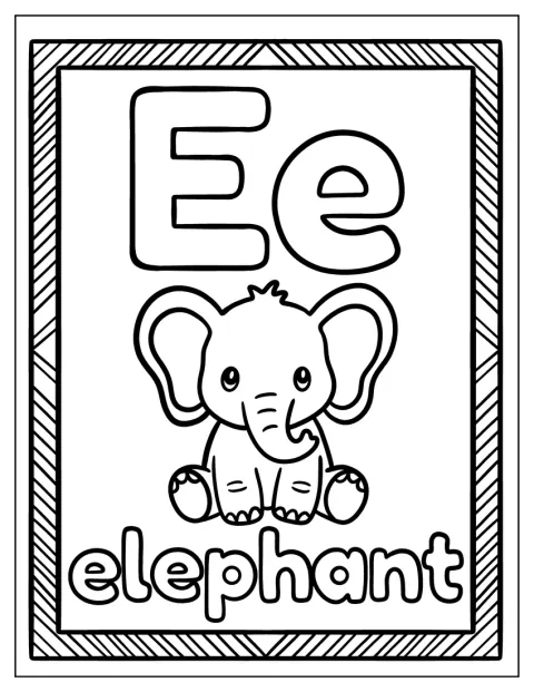 Un piccolo elefante accompagna la lettera E in una scheda illustrata.