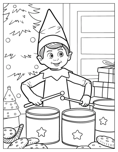Elf On The Shelf Coloring Page Playing Christmas Drums while Surrounded by Cookies and Tree
