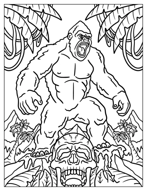 King Kong står framför en enorm dödskalle i en kuslig djungel.