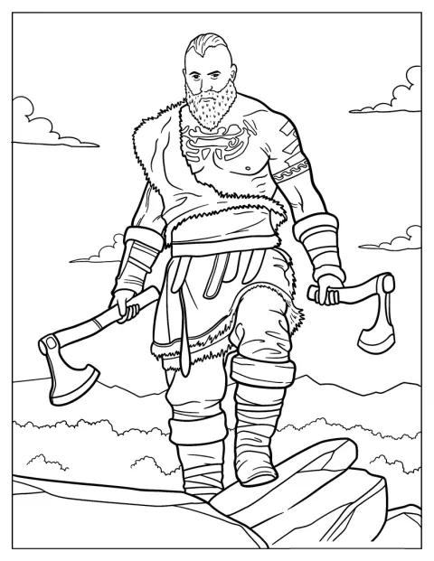 Un vikingo de aspecto fornido lleva un hacha en cada mano.