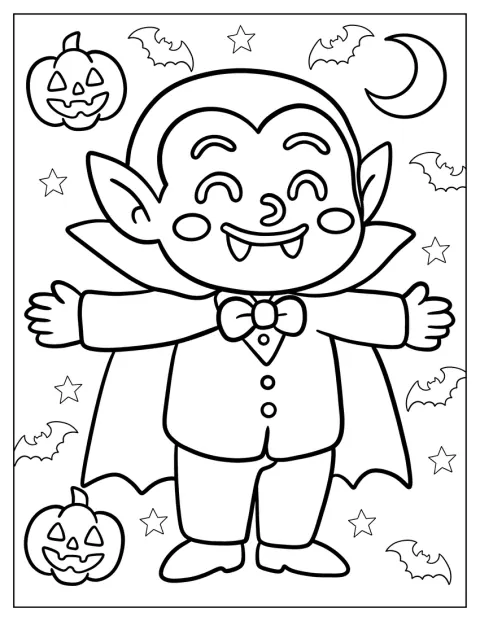 Cheerful Cartoon Vampire Coloring Page With Moon, Bats, And Jack O Lanterns For Preschoolers