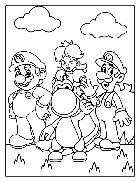 Yoshi, Peach, Mario a Luigi stojí společně na jednom místě.