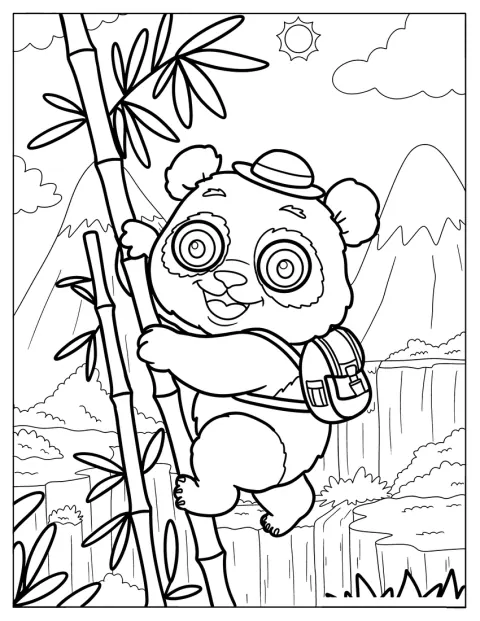 Un panda explorador trepa por el bambú en las montañas.