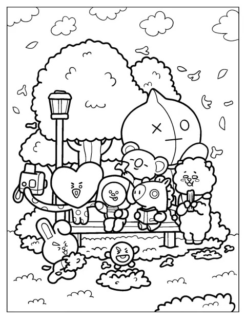 Cooky, RJ, Tata, Chimmy, Koya, Shooky, Mang e Van estão sentados num banco de jardim.