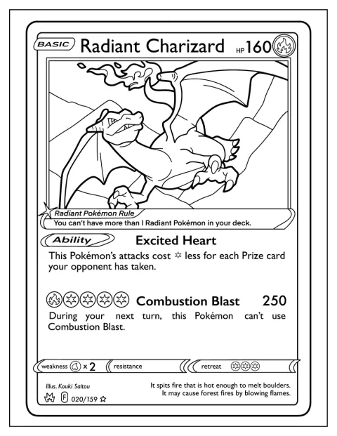 Charizard apare pe o carte Pokémon, înconjurat de un efect radiant.