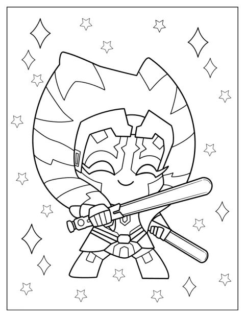 De kleine, chibi-stijl Ahsoka Tano glimlacht vrolijk.