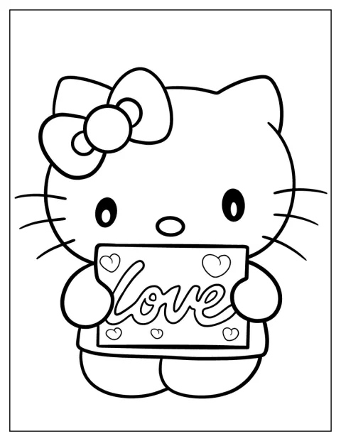 Hello Kitty drží valentýnskou kartičku.