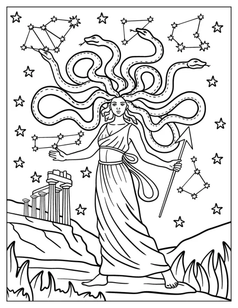 Slanger formet som stjernebilder slynger seg rundt Medusa under en stjernehimmel.