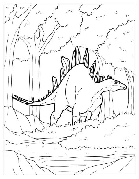 Stegosaurus kävelee metsässä puiden keskellä.