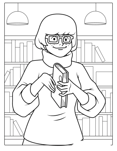 Velma står med et bestemt uttrykk.