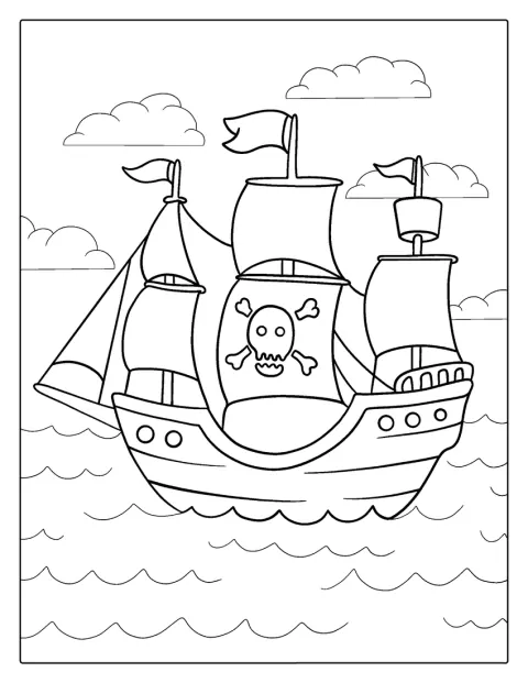 Um navio pirata navega com as velas içadas.