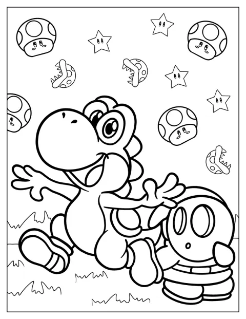 Yoshi y Shy Guy están juntos, con varios Toads al fondo.