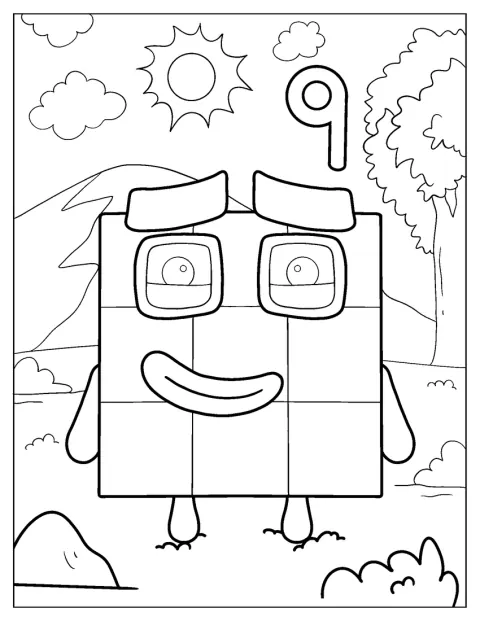Numberblock 9 står ute i solskenet.