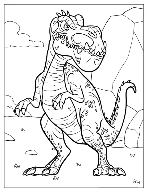 En stor, tegnet Gigantosaurus står klar på siden.