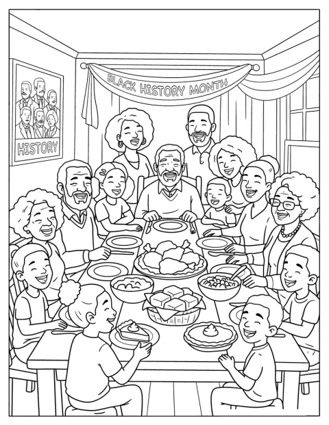 Uma família numerosa partilha uma refeição à mesa durante o Mês da História Negra.