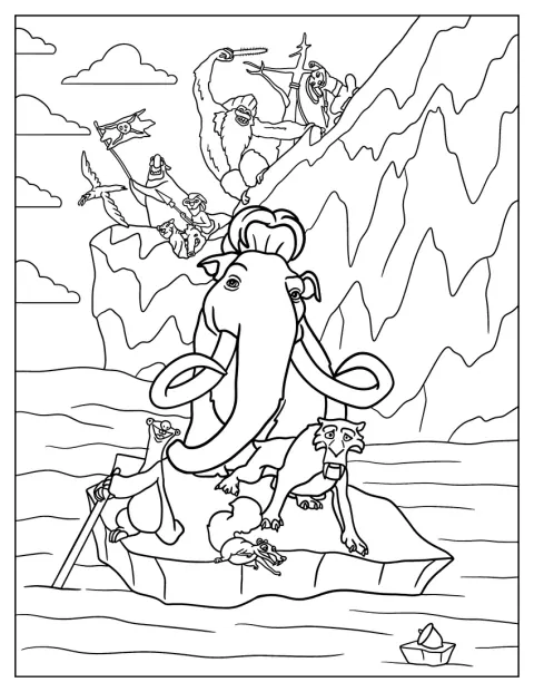 Ice Age Coloring Page Of Ice Age Manfred, Sid, And Diego Floating On Piece Of Ice
