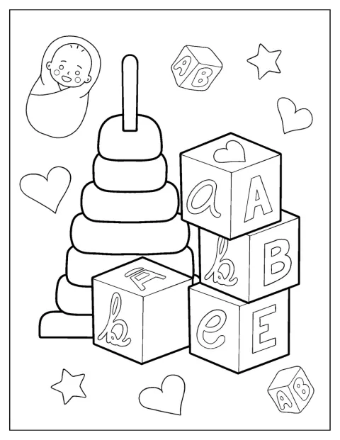 Blocos com letras e uma torre de argolas estão juntos entre os brinquedos de bebé.