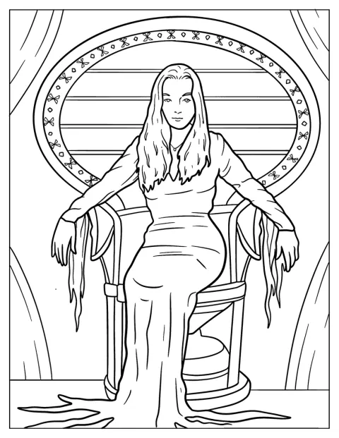 Morticia Addamsová sedí elegantně na židli.