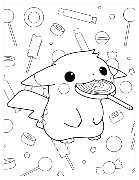Pikachu saborea una piruleta en un lugar sin especificar.