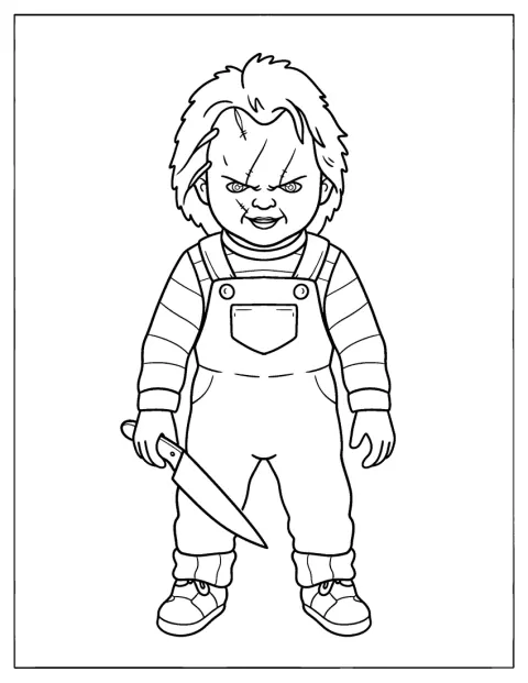 Chucky hält ein riesiges Messer in der Hand.