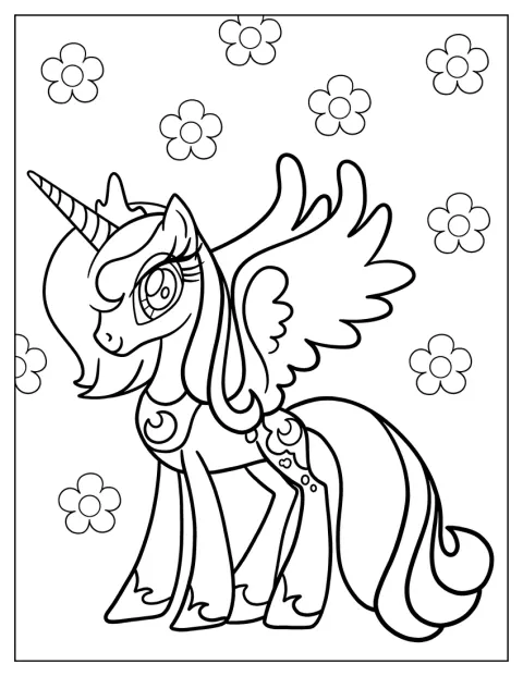 Prinsesse Celestia står med vingene utspent.