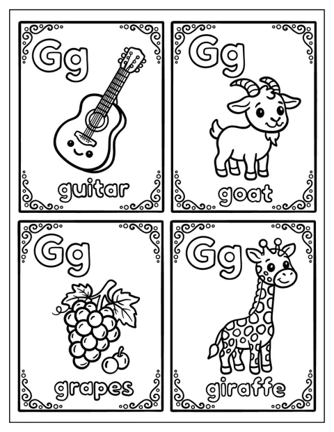 Kaartjes tonen de letter G met een gitaar, geit, tros druiven en giraffe.