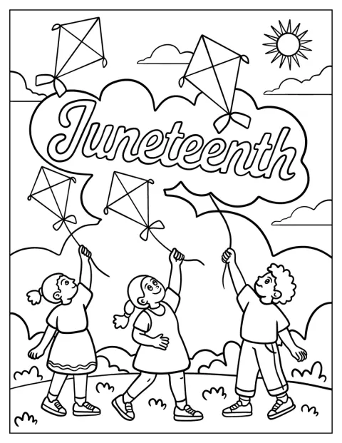 Kinderen laten vliegers op onder een Juneteenth-wolkenlucht met zon.