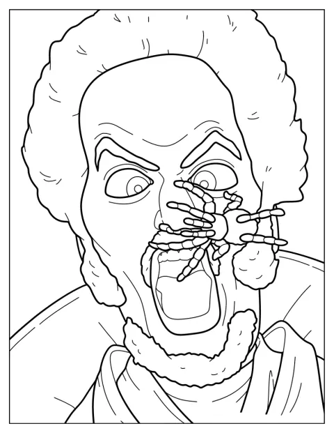 Marv zděšeně křičí, zatímco mu po tváři leze tarantule.