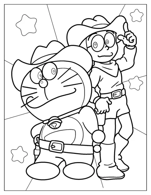 Cowboyksi pukeutunut Doraemon poseeraa Nobitan kanssa.