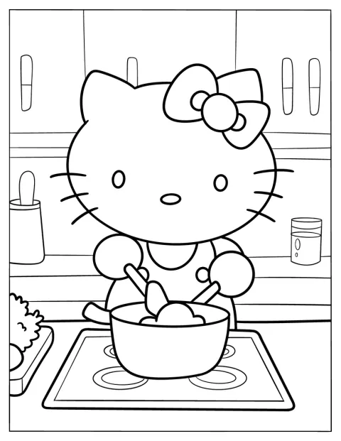 Hello Kitty bager lækkerier ved køkkenbordet.