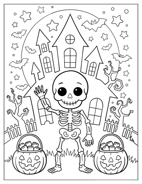 Usměvavá kostra obchází strašidelný dům a sbírá sladkosti při koledování.