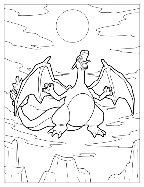 Charizard voa pelo céu de boca aberta, soltando um rugido.
