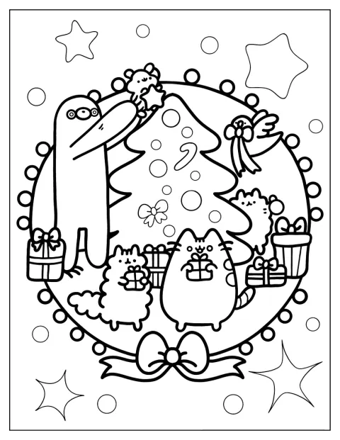 Pusheen og vennene hennes pynter et juletre.