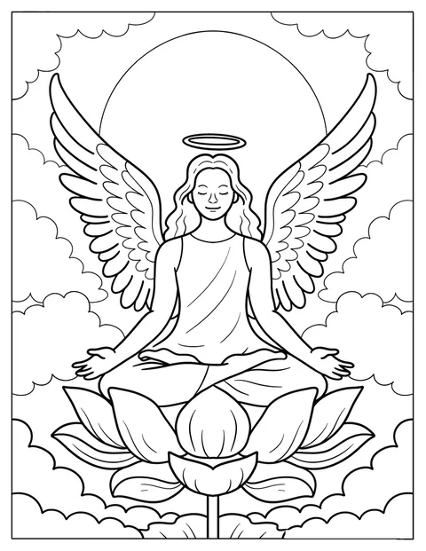 Con las alas plegadas, un ángel medita sobre una flor de loto.