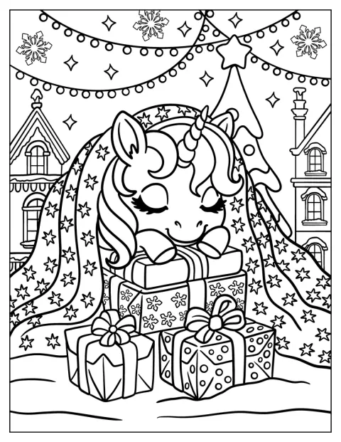Sous une couverture étoilée, une licorne dort près de cadeaux.