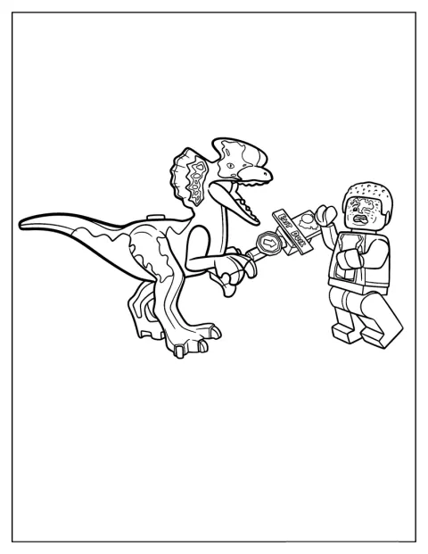 Un Dilophosaurus de LEGO ataca a Dennis Nedry en una escena de Jurassic Park.