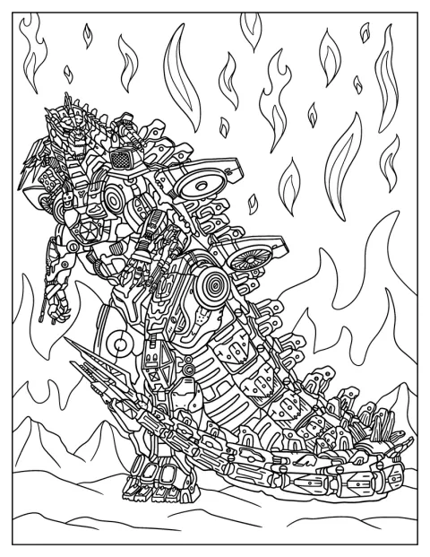 Mechagodzilla staat midden in een zee van vuur.