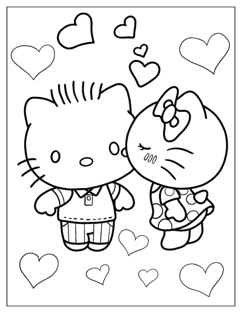 Hello Kitty geeft Dear Daniel een kus op zijn wang.