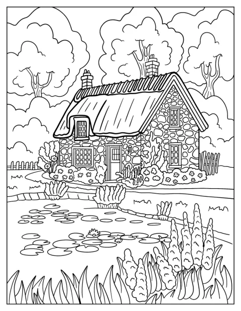Ein detailreiches Cottage steht vor einem ruhigen Teich.