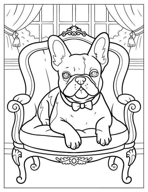 Con un papillon, un bulldog francese siede su una poltrona riccamente decorata.