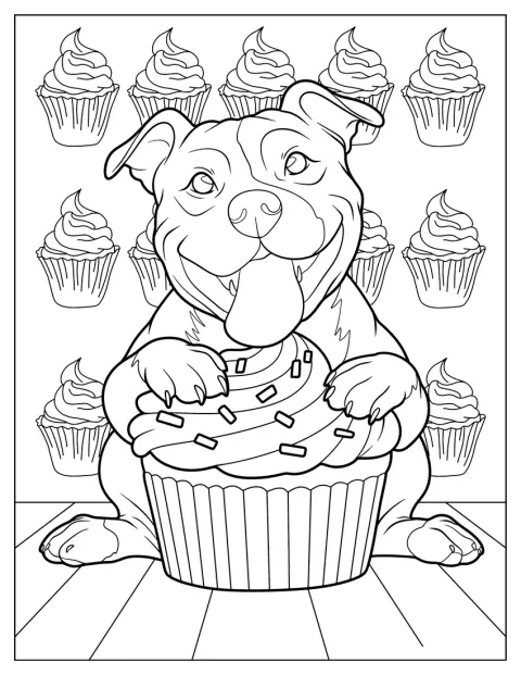 Roztomilý pitbul objímá obrovský zdobený cupcake.