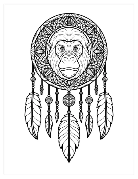 Das Gesicht eines Gorillas ist in einen detailreichen Traumfänger eingefasst.