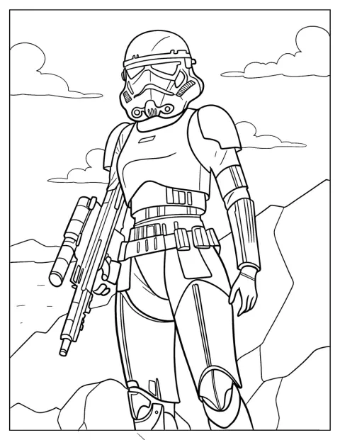 Uma stormtrooper segura uma pistola blaster numa das mãos.