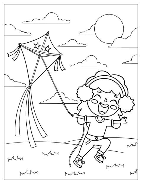Uma menina corre num campo aberto, empinando um papagaio sob o sol.