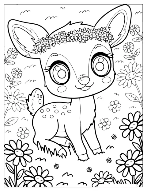 Um cervo com manchas usa uma coroa de flores.