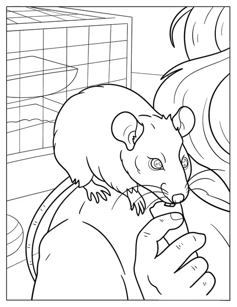 ラットがケージのそばで人の肩に乗り、おやつを食べています。