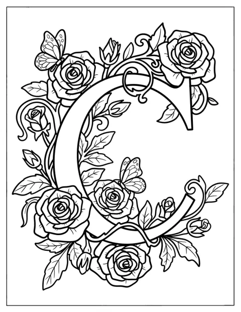 Rosas e borboletas decoram uma elegante letra C serifada.